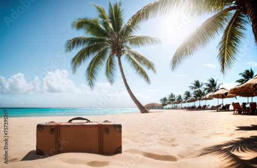 vacation suitcase on the beach under a palm tree  with the coastline and sea in the background. Rays of the sun in the frame. It s time for vacation 2024  tourist season.