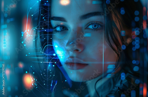 Mulher bonita em fundo futurista. Conceito de inteligência artificial, pessoas e tecnologia