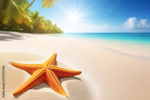 starfish lies on the coastline next to the water under the rays of the sun. against the backdrop of the sea and the tropics. Place for text and advertising.