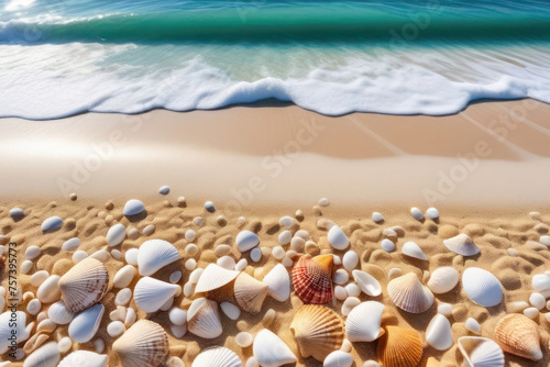 background depicting shells, starfish and mollusks. Coast and shallow waters. Free space for text.