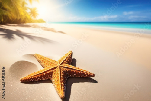 starfish lies on the coastline next to the water under the rays of the sun. against the backdrop of the sea and the tropics. Place for text and advertising.