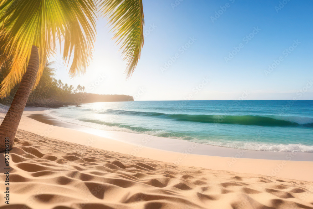 sandy beach and coastline with beautiful blue water. Rays of the sun and palm branches in the frame. Sunset sky and small clouds. It's time for vacation 2024, tourist season.