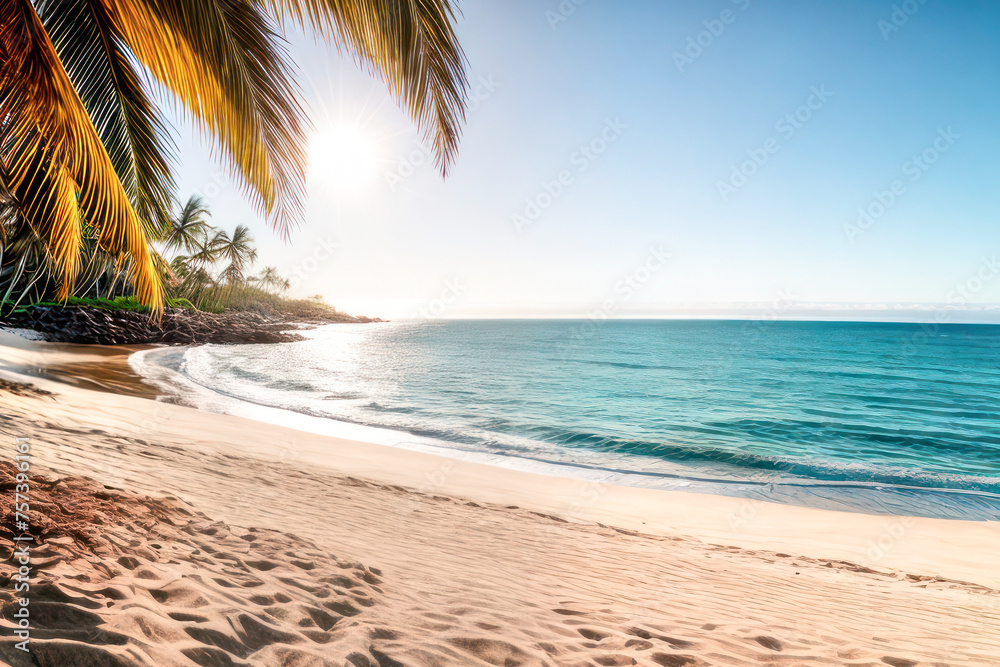sandy beach and coastline with beautiful blue water. Rays of the sun and palm branches in the frame. Sunset sky and small clouds. It's time for vacation 2024, tourist season.