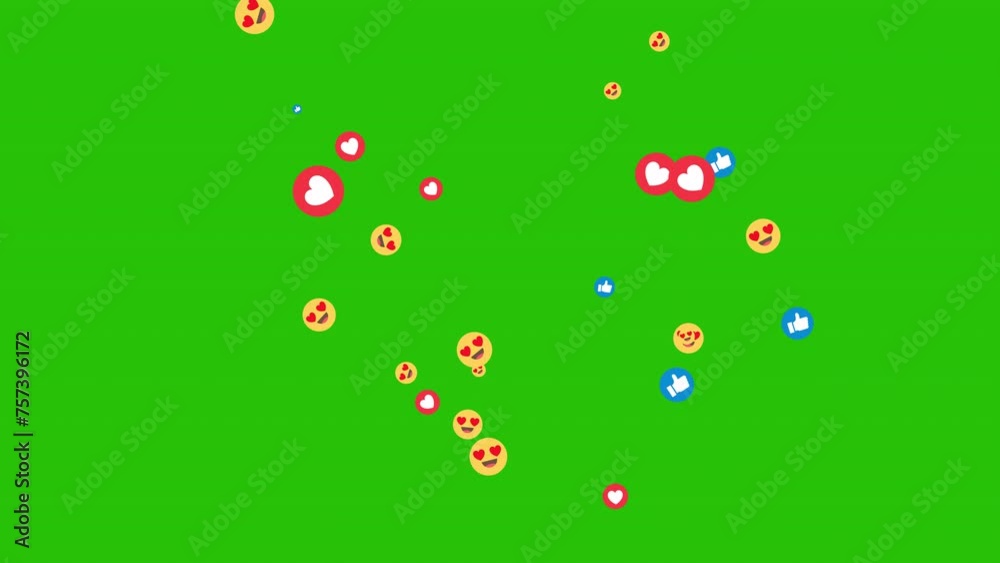 Social media emojis of hearts animation exploding on green screen, chromakey