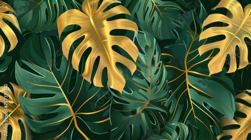 Golden leaf philodendron with monstera plant art, golden green background and elegant nature.