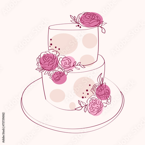 A two-tiered cake adorned with delicate pink flowers on the top layer. The cake appears to be hand-painted with intricate designs