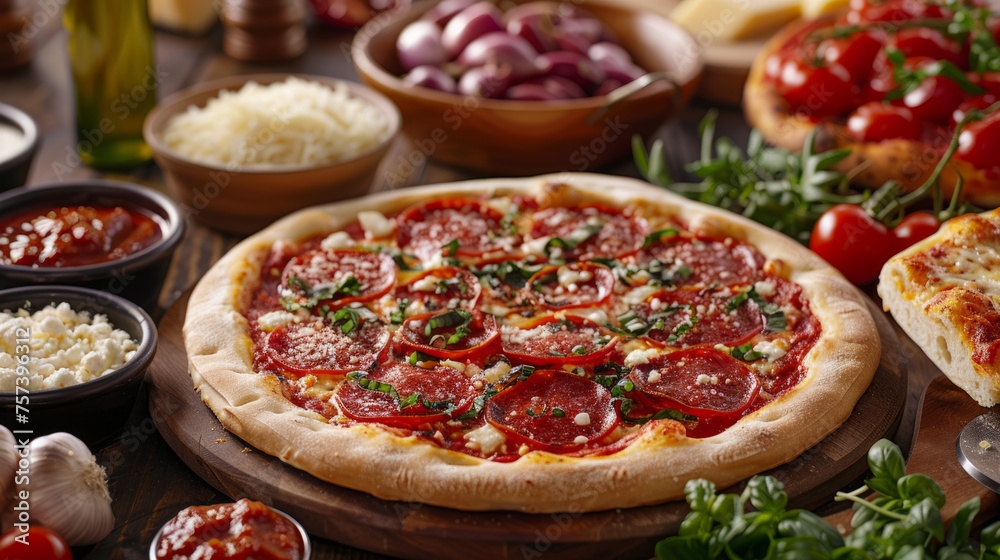 Freshly baked pepperoni pizza topped with mozzarella and basil, surrounded by ingredients like tomato, cheese, and garlic