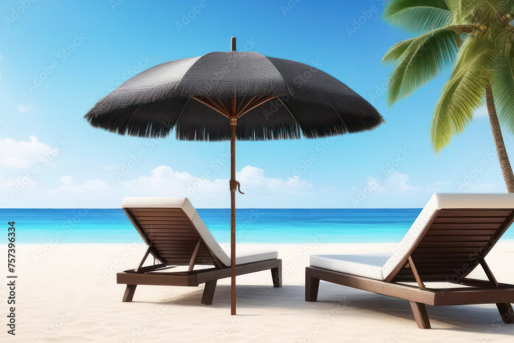 sun lounger on the beach under a palm tree, in the background there is a coastline with turquoise water. Rays of the sun in the frame. It's time for vacation 2024, tourist season.
