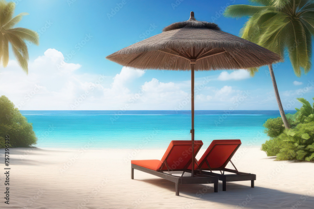 sun lounger on the beach under a palm tree, in the background there is a coastline with turquoise water. Rays of the sun in the frame. It's time for vacation 2024, tourist season. sun lounger on the beach under a palm tree, in the background there is a coastline with turquoise water. Rays of the sun in the frame. It's time for vacation 2024, tourist season.