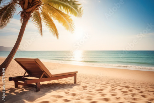 sun lounger on the beach under a palm tree, in the background there is a coastline with turquoise water. Rays of the sun in the frame. It's time for vacation 2024, tourist season. © Павел Чепелев
