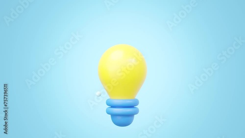3D animation yellow light bulb icon. Lamp with bright halo isolated on blue background. Creative idea, Solution, Strategic thinking, New invention, innovation concept. Cartoon icon minimal. 3d render