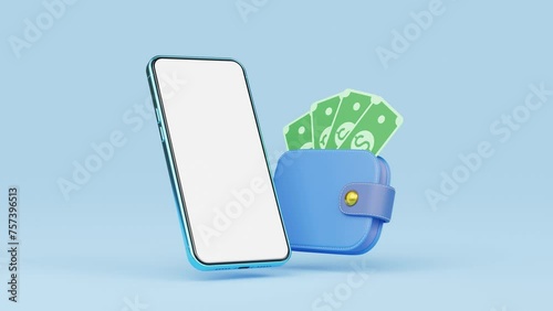 Phone with cash money into wallet float on blue background. Mobile banking, Online payment service. Smartphone money transfer. Desktop blank screen. Cartoon business. 3d animation render with Alpha.