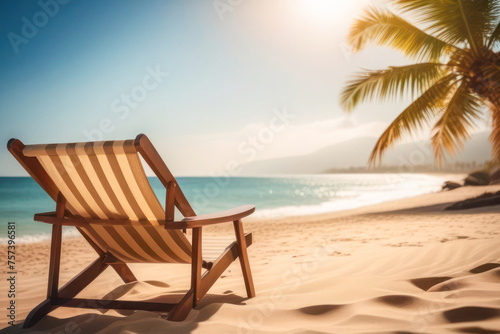 sun lounger on the beach under a palm tree, in the background there is a coastline with turquoise water. Rays of the sun in the frame. It's time for vacation 2024, tourist season. © Павел Чепелев