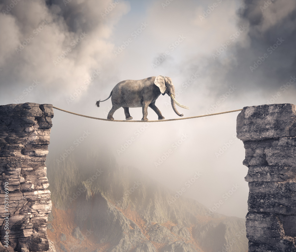 Elephant walks on rope above a gap between two mountain peaks. Stock ...