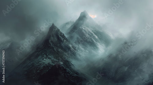Misty mountain peaks in serene atmosphere, ideal for travel and nature themes.