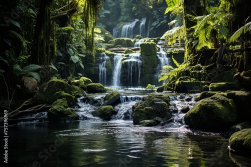 Waterfall amidst lush green forest, rocks, and trees in natural landscape