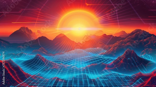 Retro neon sunset synth wave background from the 80s. Cyber ​​grid with abstract futuristic steam, sun and mountain landscape.