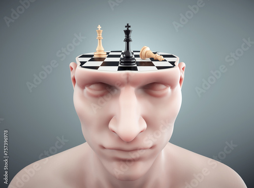 Head cut with a chessboard. The concept of strategy and analytical thinking.