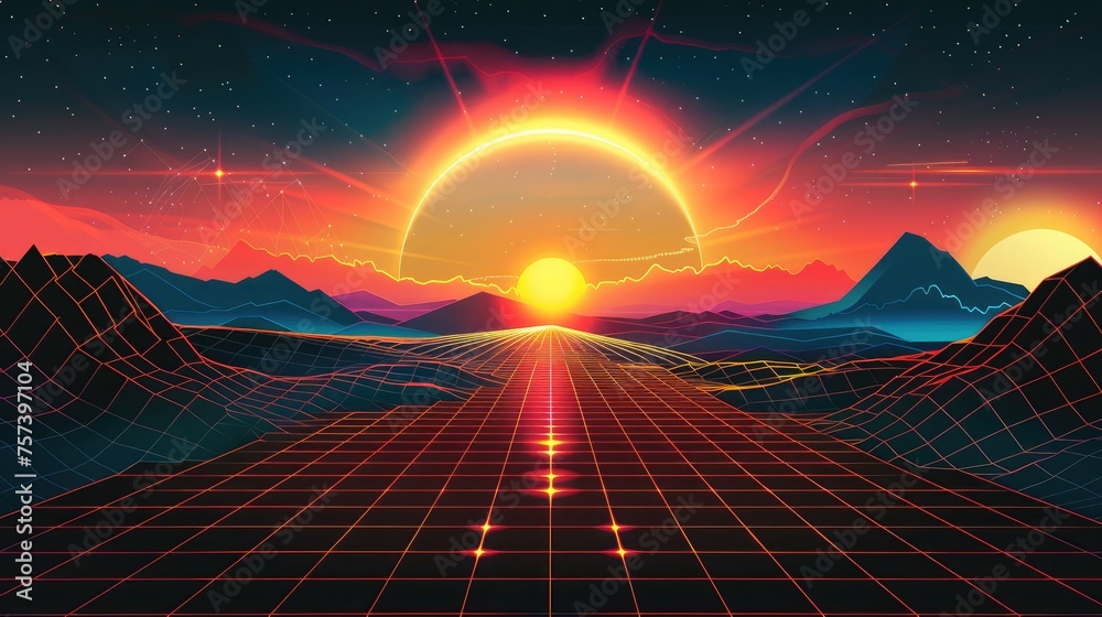 Retro neon sunset synth wave background from the 80s. Cyber ​​grid with abstract futuristic steam, sun and mountain landscape.