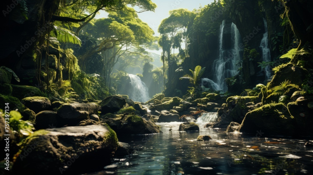 A serene watercourse flowing through a lush forest with a distant waterfall