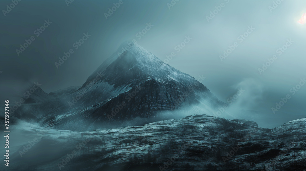 Eerie blue-toned mountain landscape shrouded in fog, suitable for themes of mystery and nature. - obrazy, fototapety, plakaty 