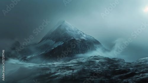 Eerie blue-toned mountain landscape shrouded in fog, suitable for themes of mystery and nature.