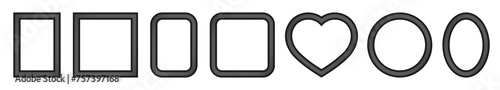 Set of black frames. Square, rectangular, round, oval and heart-shaped pictures. Rounded angles. Poster or painting mockup on a transparent background. 3d photo frame