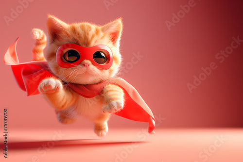  funny super hero cat, with mask and orange cloak flying isolated in orange background.Studio shot, funny, leader, 