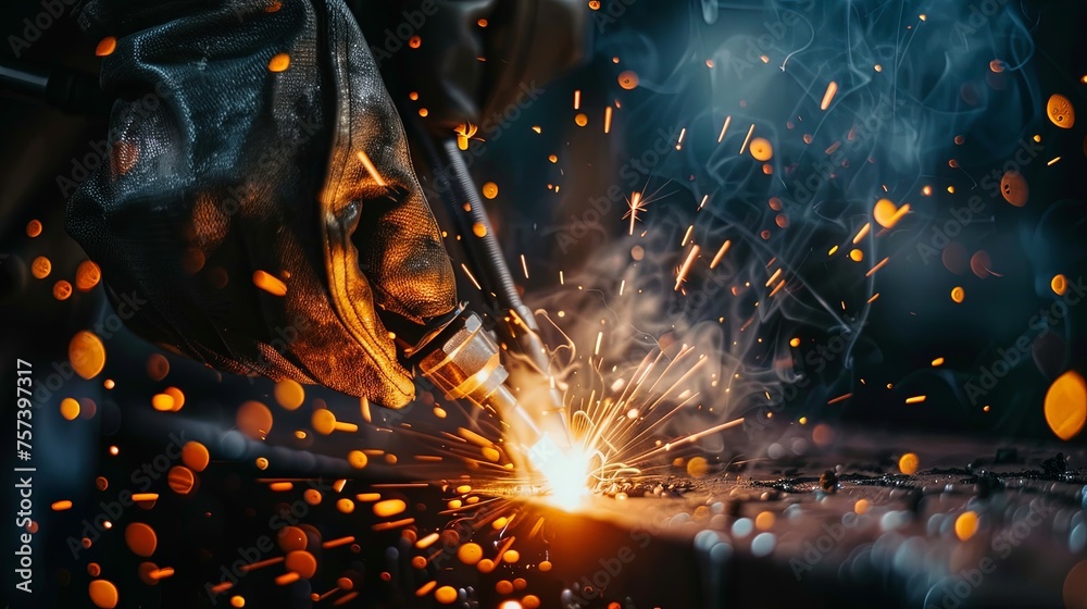 Welder hand weraing gloves welding in workshop hot metal - obrazy, fototapety, plakaty 