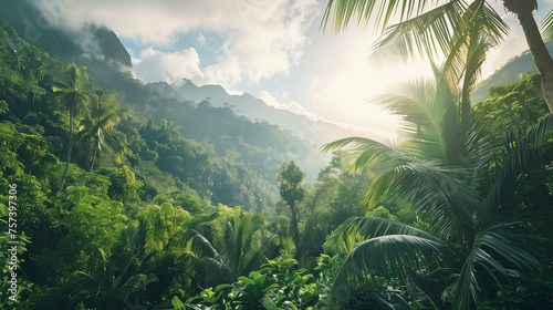 Lush tropical jungle with mountains at sunrise, suitable for travel and nature themes.