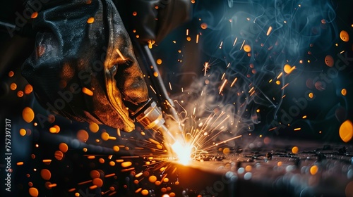 Welder hand weraing gloves welding in workshop hot metal photo