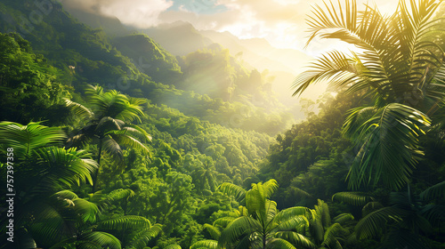 Aerial view of a lush tropical jungle bathed in morning sunlight, ideal for travel or eco-tourism themes.