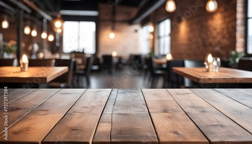 Lofty chill restaurant with wooden table and Depth of field , blurred background 