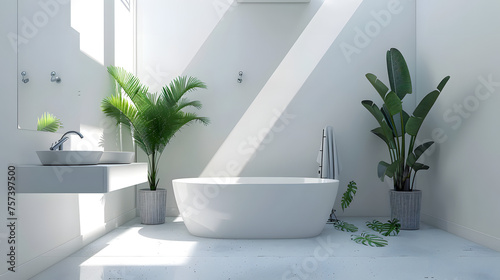 A sleek bathroom setting under a staircase  featuring a clean white tub and vibrant plants enhancing the space s crisp modern look