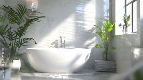 Luxurious contemporary bathroom showcasing a freestanding bathtub  green plants  and sunlight filtering through the window