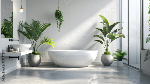 A minimalist bathroom design emphasized by plants and a beam of sunlight  creating a serene atmosphere