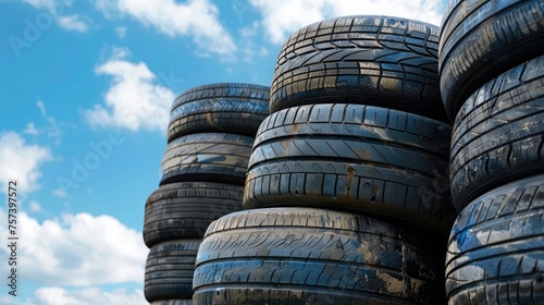 Used car tires concept against blue background in tire recycling plant. 