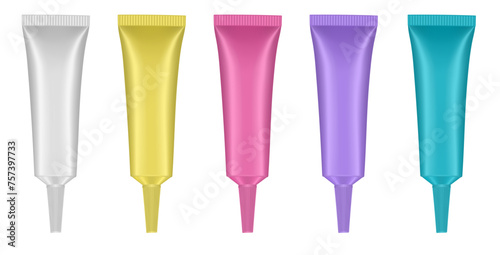 Set of tubes with long nozzle. White, yellow, pink, purple and blue tubes. Cosmetic packaging. Serum or ointment. Gel or cream. Foundation or concealer. 3d