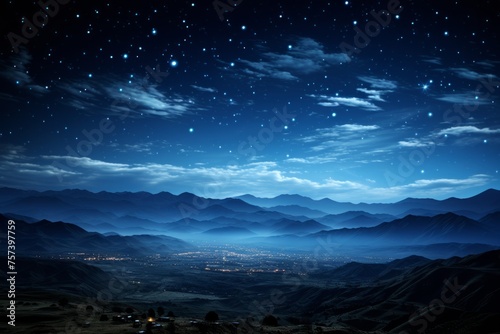 Electric blue sky filled with countless stars above a majestic mountain range © JackDong