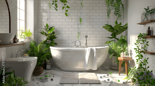 A rustic and inviting bathroom setting that combines the natural beauty of indoor plants with the charm of natural light and earthy tones