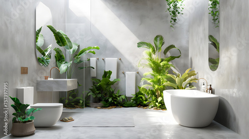 Refreshing contemporary bathroom seamlessly integrating with nature featuring vivid green plants and ample sunlight