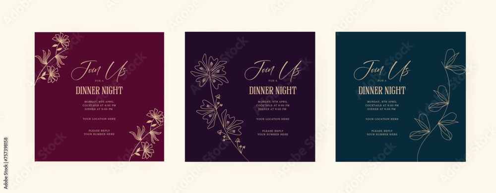 Fototapeta premium Set of dinner invitation post template with luxury. floral. gold. EPS vector illustration