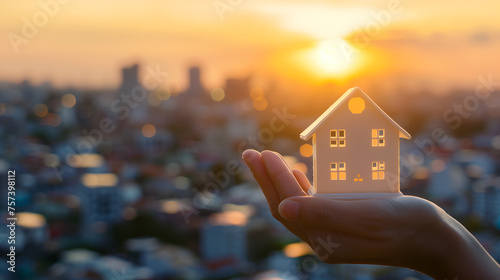 Close up of hand holding model house on blurred city background with sunset sky, real estate concept