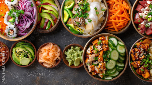 Different types of poke bowls showing a mix of colors and textures with seafood, vegetables, and spices on a dark surface