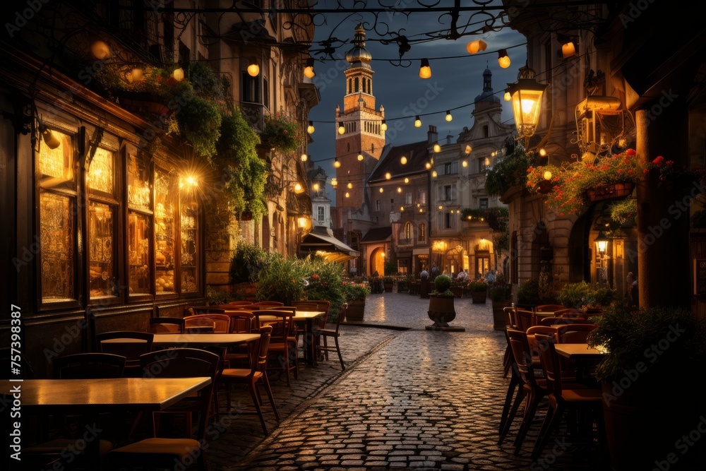 Building facade, tables, chairs on cobblestone street at night in city