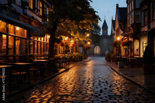 Cobblestone road under city lights with castle in background