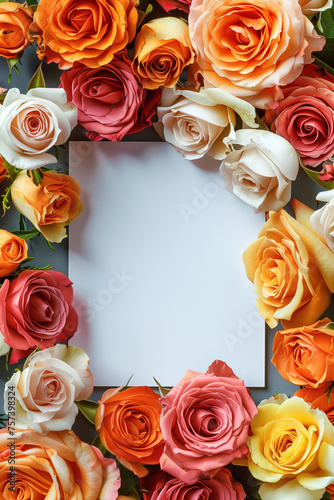 Overhead close-up of vivid roses with central copy space  ideal for celebrations.