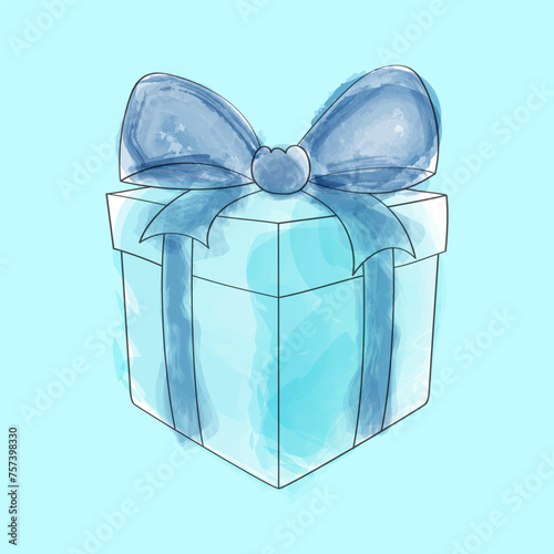 A doodle hand painted watercolor gift box in blue, featuring a matching blue bow. The box is elegantly wrapped and ready for gifting