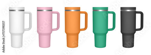Thermo cup with handle. 3d mockup of a travel thermos. Set of white, pink, orange, green and black mugs. Tumbler template. Transparent lid	