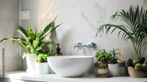 Fresh bathroom interior boasts a basin surrounded by a variety of green plants on a white marble background